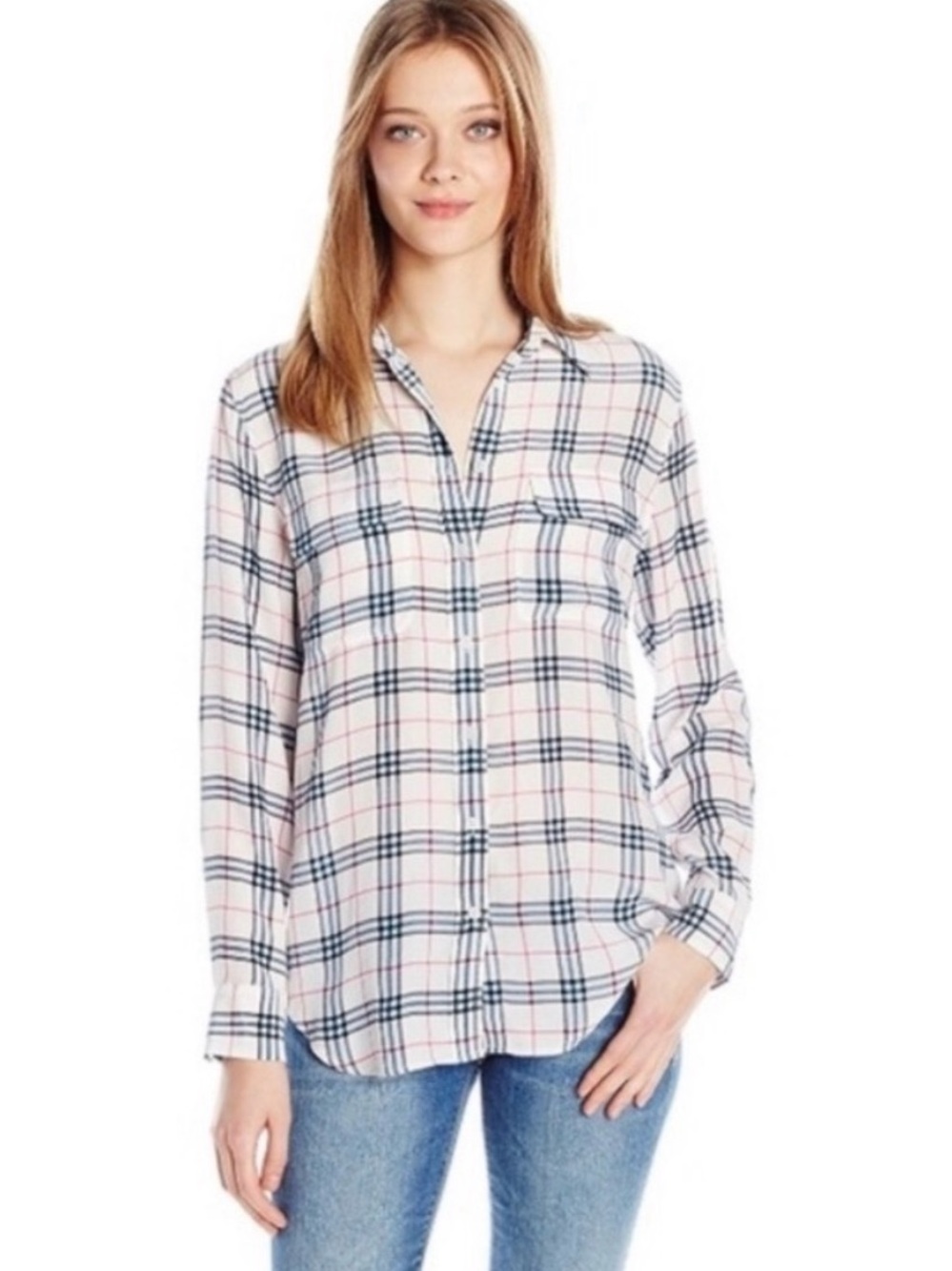 Equipment Femme Slim Signature Dress Shirt Red White & Blue Plaid Med 100% Silk